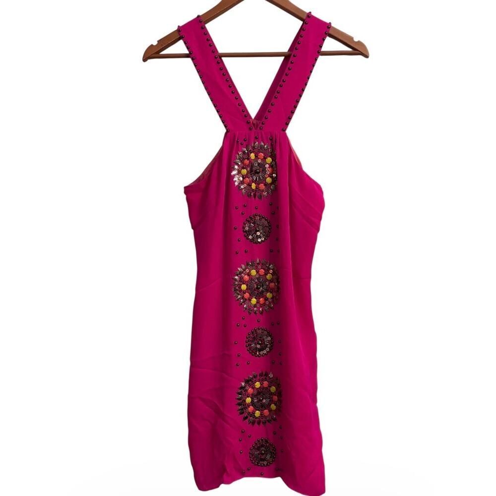 Tibi Hot Pink Silk Embellished Studded Dress Size 8 Boho Festival Statement